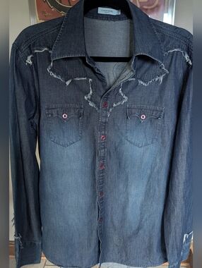 J.Lindeberg Men's Distressed Western Denim Shirt - Rare Frayed Edge Detail $45